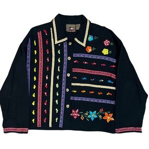 Womens Floral Embroidered Folk-Art Blazer Sz-M Y2K Button-Up Boho Western Jacket